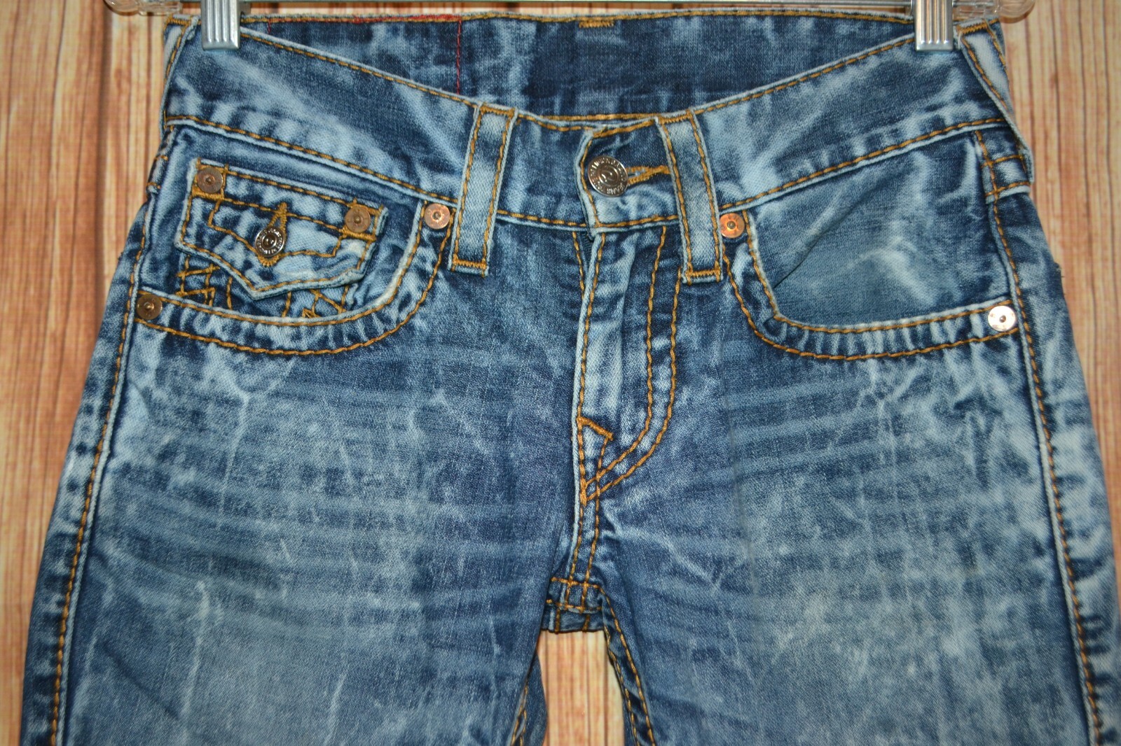 True Religion Women's Straight Red Orange Big T Pocket Flaps Blue Jeans Sz 27x33 thumbnail 5