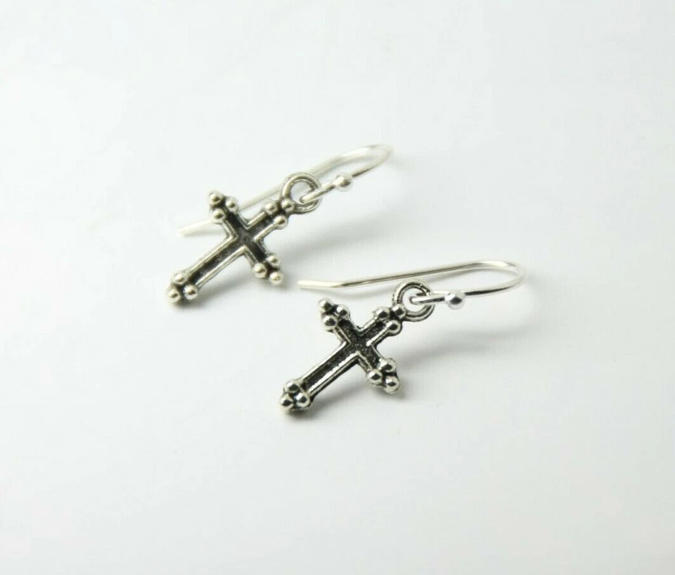 Pendientes Cruz Dije Plata de Ley 925 Ganchos Estaño Dijes 1" Religiosos Foto 2 de 4