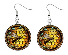 Honey Bee Stained Glass Design, Button Earrings Jewelry 1" Dangle MADE IN USA
