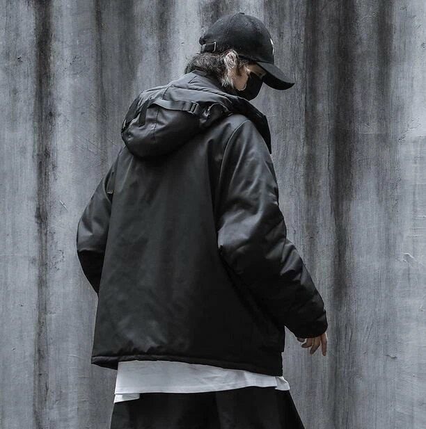Techwear Parka Jacket For Men Streetwear Winter Hooded Zipper