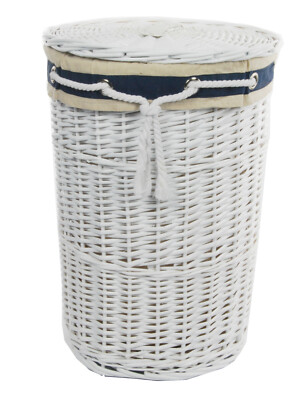 Laundry Basket Wicker White Round Navy Lid Cover D.39 H.55 