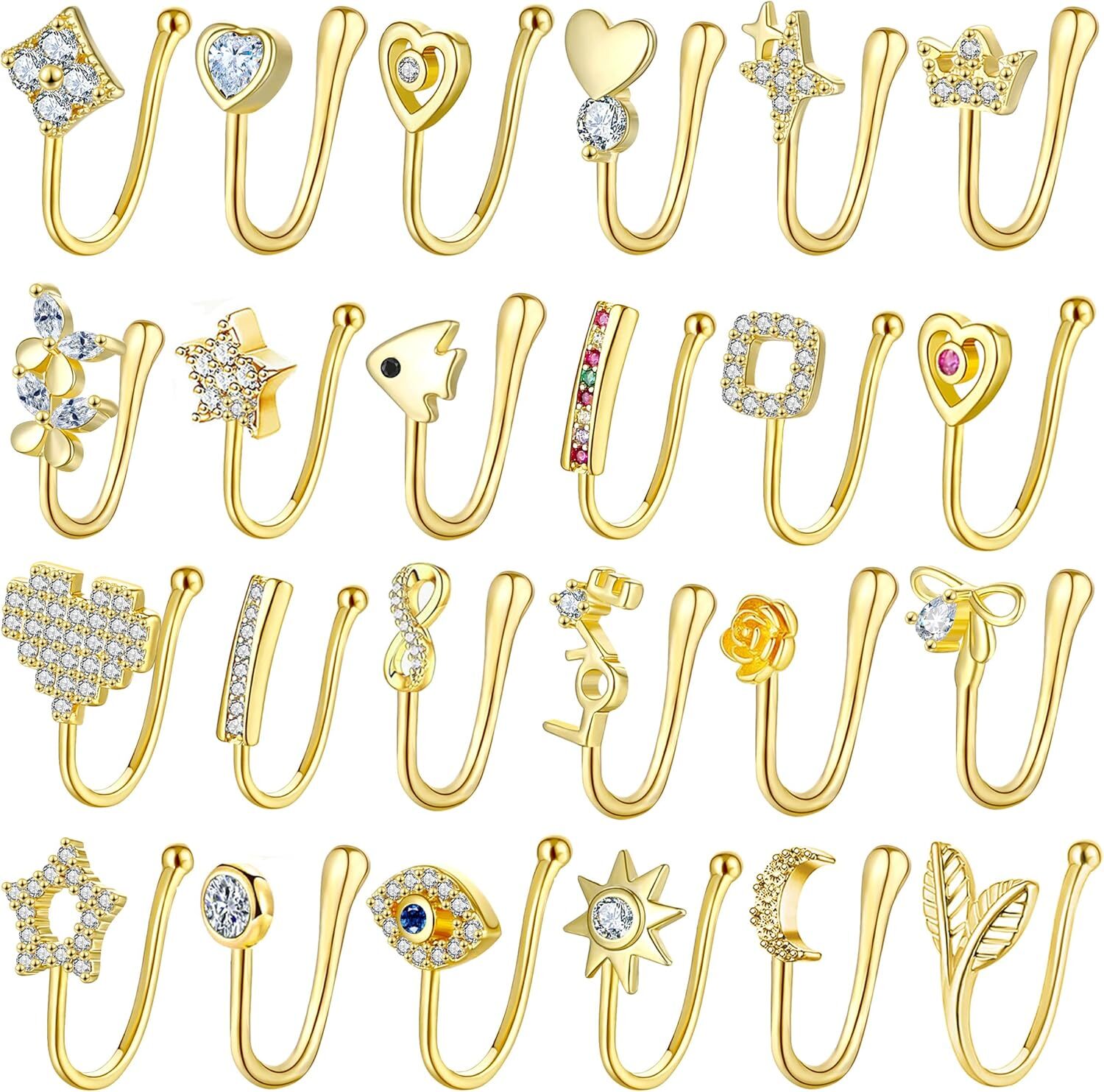 24Pcs Fake Nose Ring Fake Septum Hoop for Women CZ Nose Ring Nose Cuffs for Non