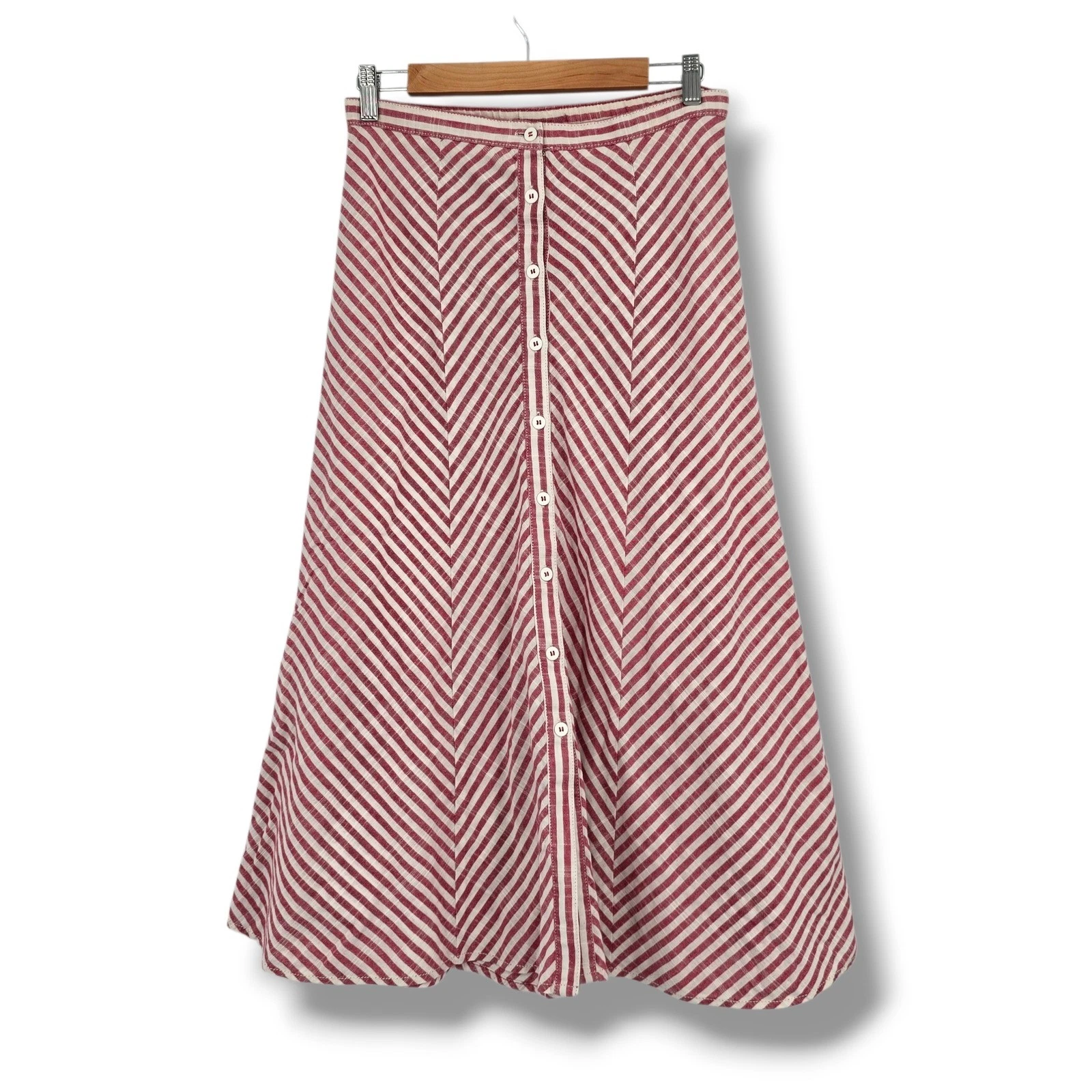 Max Studio Red White Chevron Stripe Button Front Midi Skirt Size XS Coastal