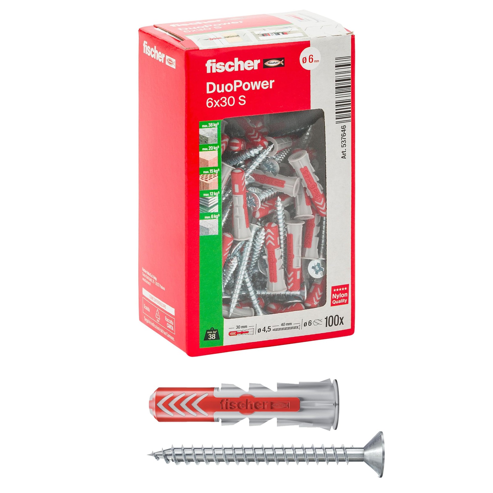 Scatola 100 Tasselli Fischer DuoPower 6x30 con Vite per Supporti Forati