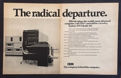 1970 IBM System/370 Model 145 Computer photo ''It's Radical'' 2-page print ad