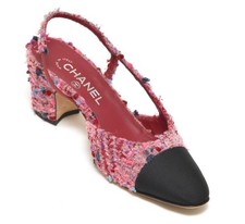 CHANEL Tweed Slingbacks Pumps Leather Pink Black Grosgrain Cap Toe Heels Sz 38C