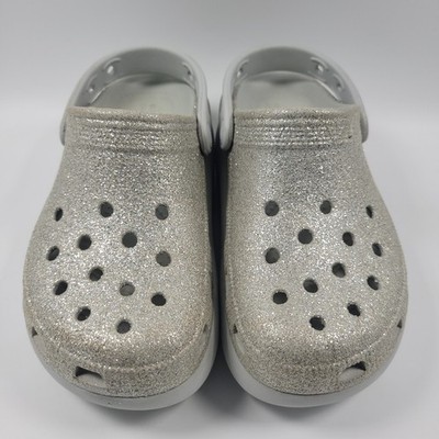Crocs Classic Size 2 J2 Platform Clog Silver Glitter Girls Slip-on Clogs Shoes