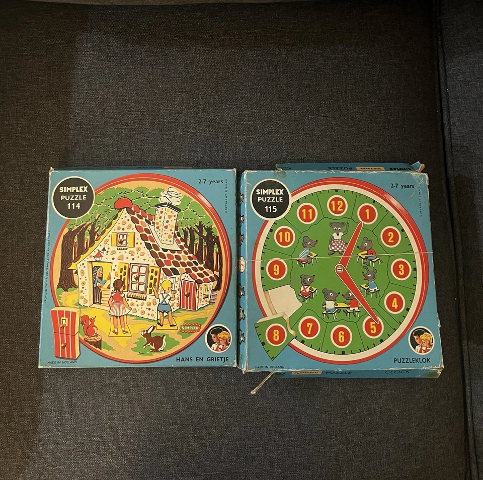 Rare 1950s Round Wooden Hansel & Gretel Puzzle & Clock Puzzle by Simplex in Box - Image 2 of 4