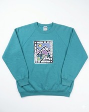 Vintage Fruit of the Loom Teal Alpine Mountain Sweatshirt XL USA Made Crewneck