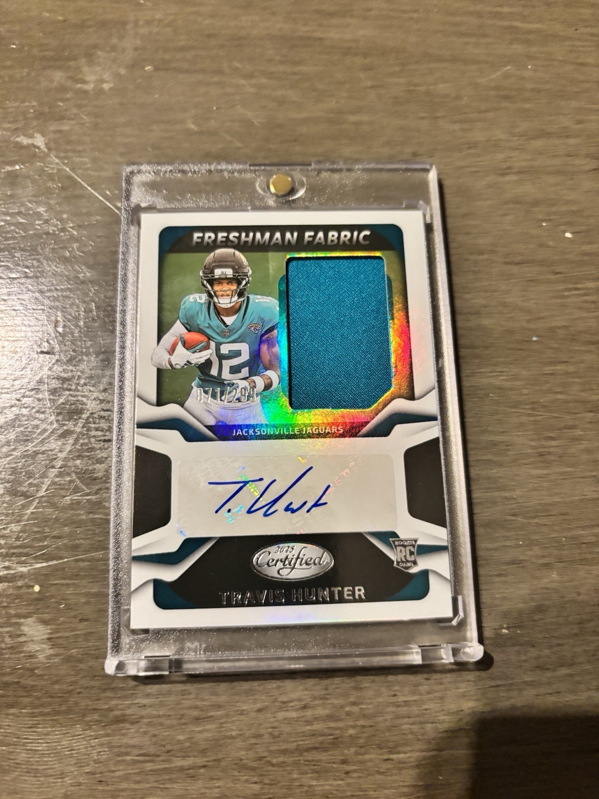 TRAVIS HUNTER 2025 PANINI CERTIFIED FRESHMAN FABRIC RPA RC PATCH AUTO #/299