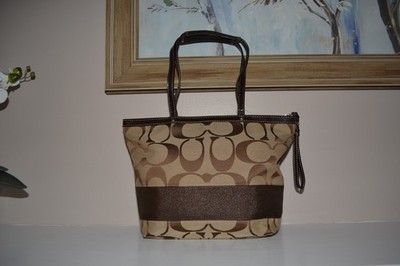Coach NEW Signature Jacquard Monogram Stripe Khaki Mahogany tote