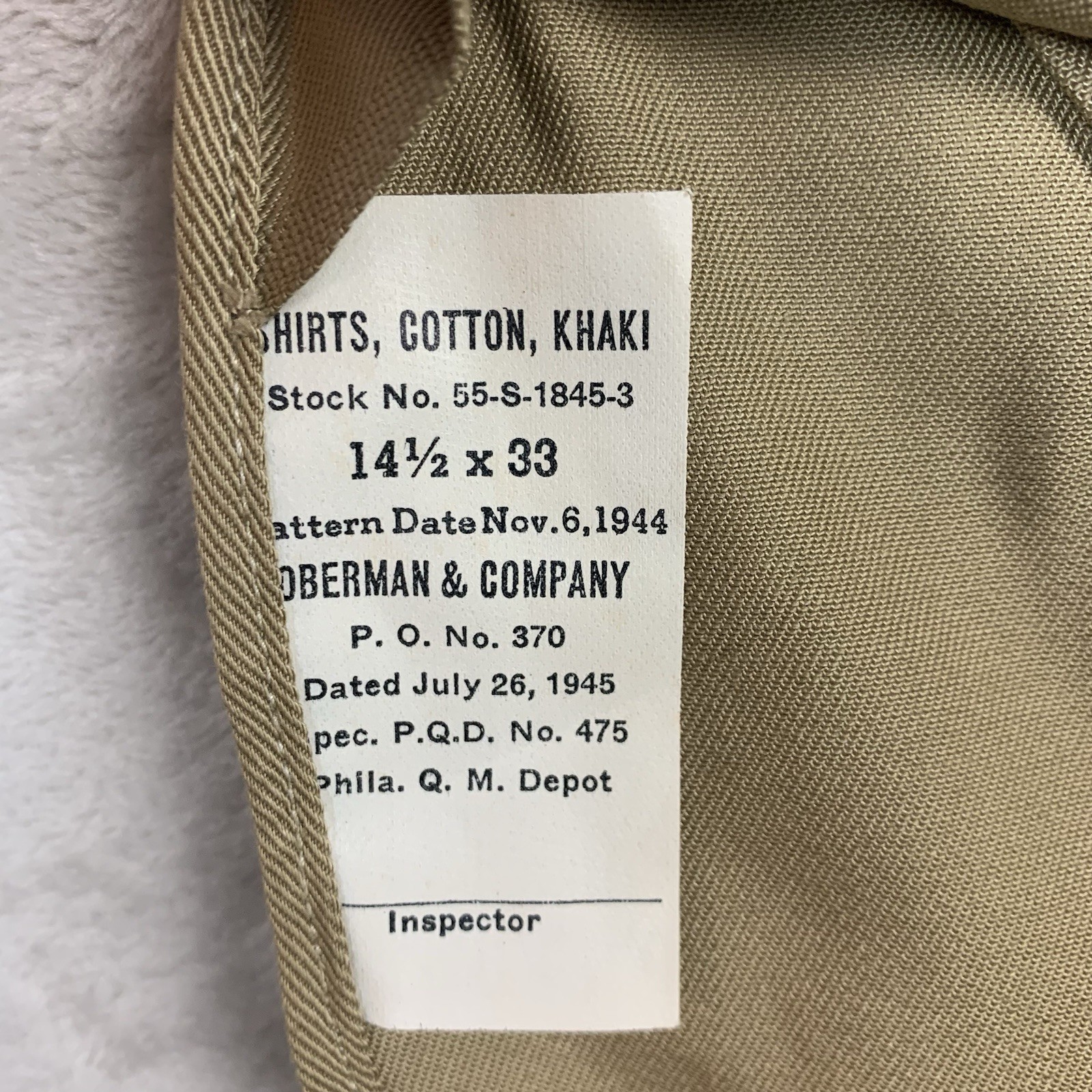 40s US Military Shirt 14.5x33 Khaki WW2 New Old Stock Philadelphia Quartermaster