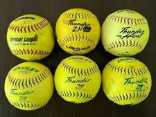 6 Used Softballs - DUDLEY THUNDER ZN, HEAT, WORTH - USSSA Certified