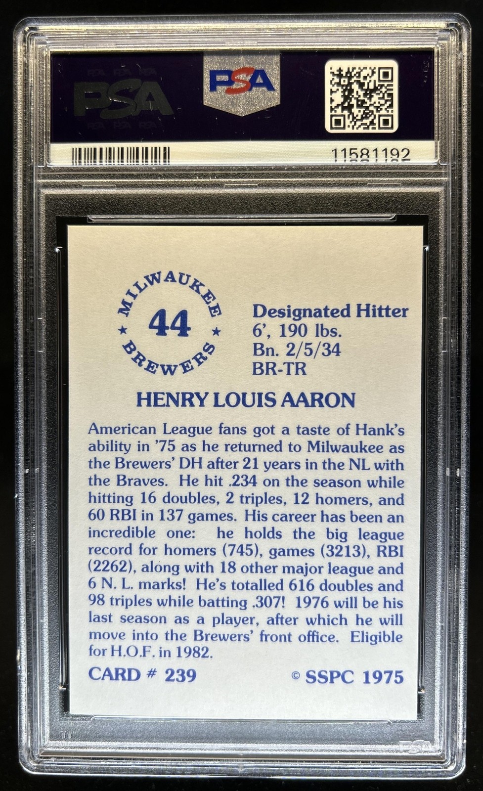 1976 SSPC Hank Aaron #239 Brewers PSA 8 view 2