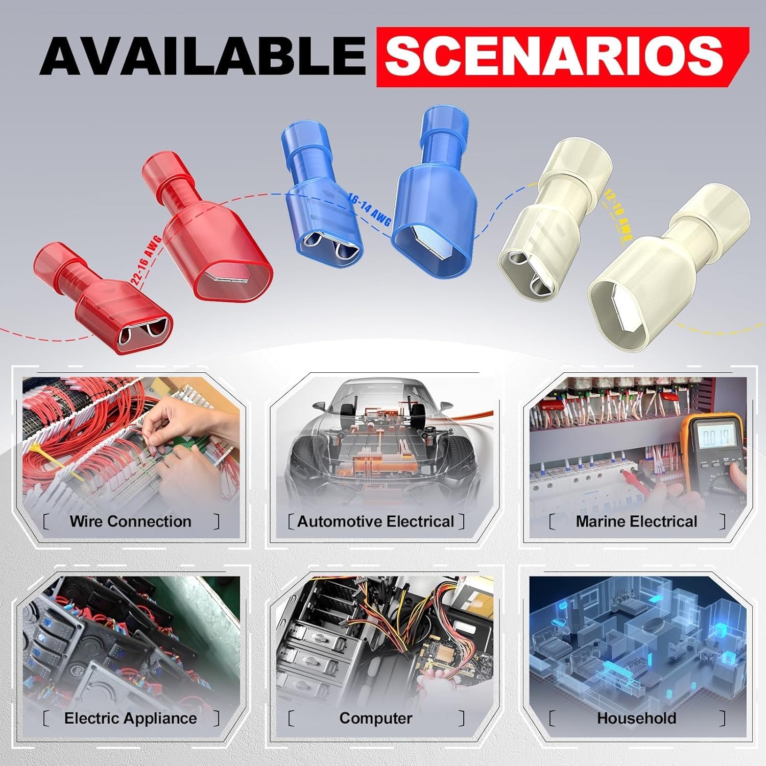 UL Listed Nylon Spade Quick Disconnect Connectors Kit, 22-10 Gauge Male and Fema