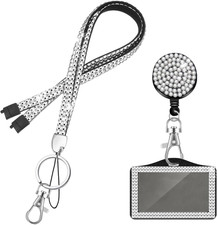 Rhinestone Crystal Sparkly Lanyard with Card Holder Retractable Badge Set Glitte