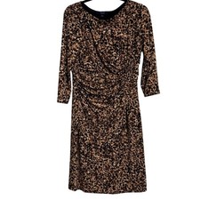 Chaps Leopard Ruched Midi Dress 3/4 Sleeve Tan Black Size L
