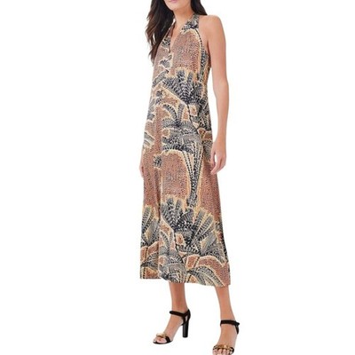 NIC+ZOE Dotty Palms Halter Midi Dress Satin Tropical Print L Brown Black NEW