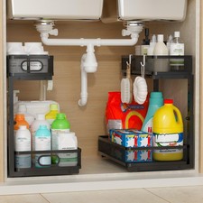 Under Sink Organizer 2 Pack, 2-Tier Slide Out Cabinet Organizer with Metal Sl...