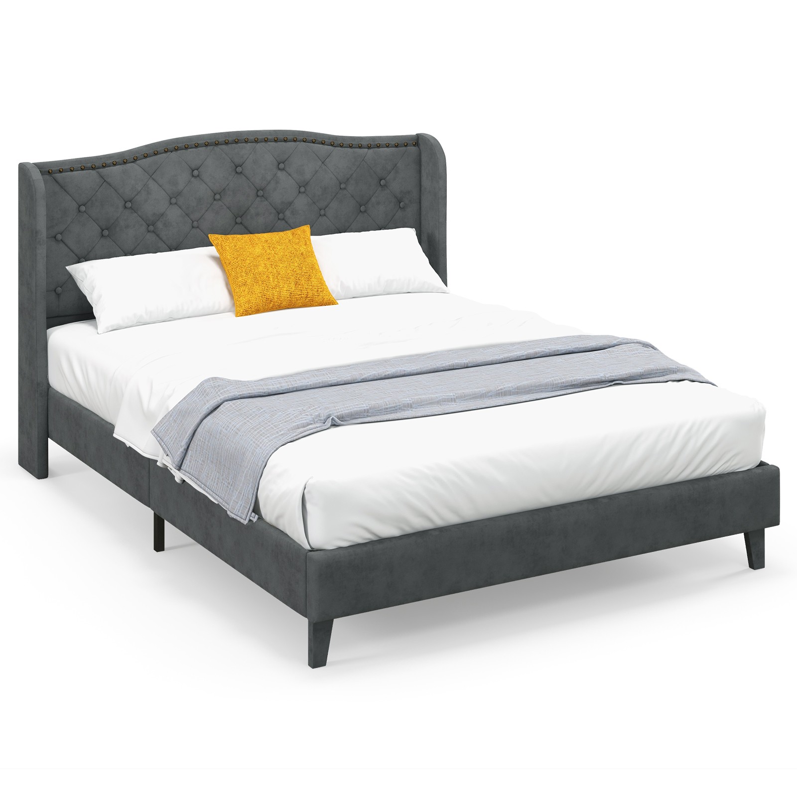 Queen Upholstered Platform Bed Frame W/ Button Tufted Headboard Noise-free