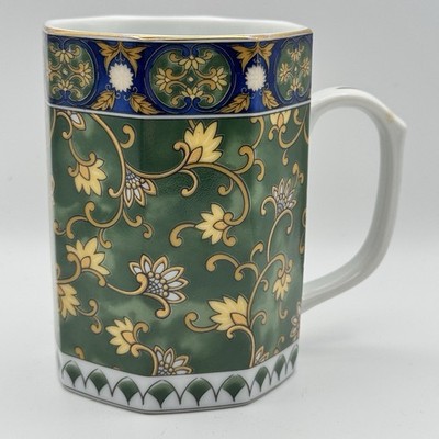 Hues & Brews Japan Green Floral Coffee Mug Gold Trim Vintage Cup Decor