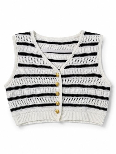 Women’s M Cropped Knit Vest Cardigan Cream Black Striped Open Knit Gold Buttons