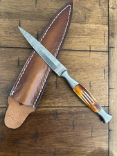 CUSTOM HANDMADE DAMASCUS BURNT BONE DAGGER KNIFE WITH PREMIMUM LEATHER SHEATH
