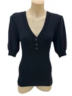 Decjuba Knit Top Women M Black Viscose/Polyester V Neck Stretch Puff Sleeve