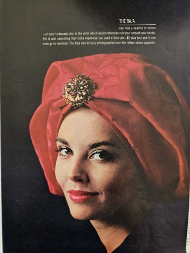 1962 Women's Red Raja Head Covering Hat Coro Jewelry Pin vintage Ad