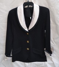ST JOHN NEW AUTH 1699 Women Black Knit Jacket with White Silk Collar Cuff Sz 6