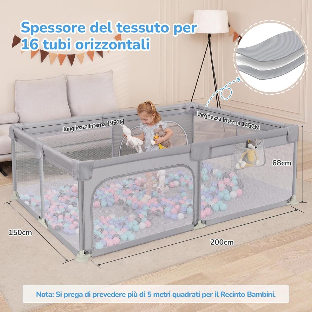 Box Bambini 90x90cm - Recinto Portatile Con Porta Sicurezza - Interni/esterni 0-6 Anni - Foto 7