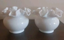Vtg Fenton Ruffled Glossy Milk Glass Ball Vase 3.75X4” Set Of 2