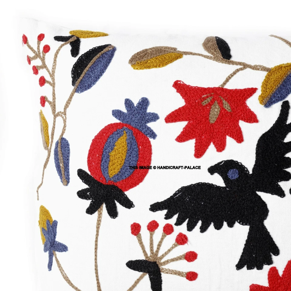 Indian Suzani Bird Embroidered Cushion Cover 16" Cotton Square Throw Pillow Case - Image 3 of 3