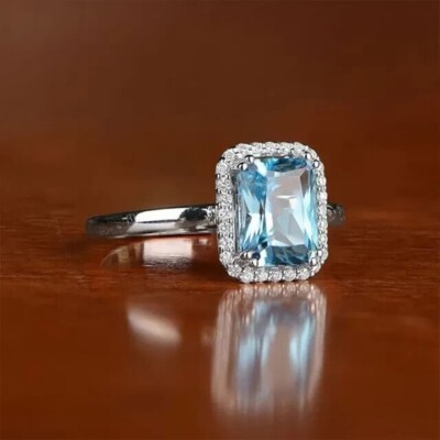 Halo Simulated Diamond & Blue Aquamarine Anniversary 925 Sterling Silver Ring