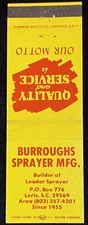 BURROUGHS Sprayer Mfg Loris So Carolina Vintage FrontStrike Match Cover B-2708