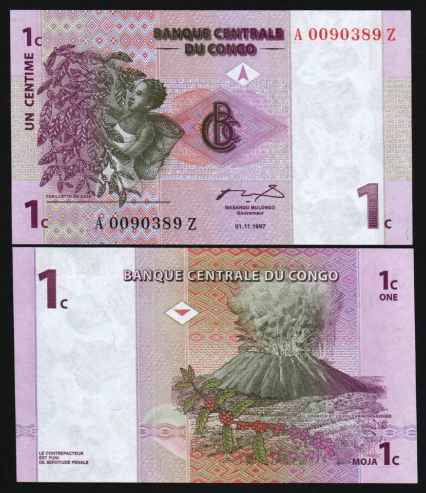 Congo DR. 1 CENTAVO P-80 1997 x 50 Piezas Lote Paquete Zaire Paquete Congoleño BILLETE DE BANCO Foto 4 de 4