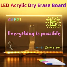 LED Acrylic Dry Erase Board Clear DIY Drawing Note Board Desktop W/Stand/Light