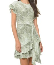 NWT $125 MICHAEL Michael Kors Sunbleached Paisley Ruffle Dress Army Green