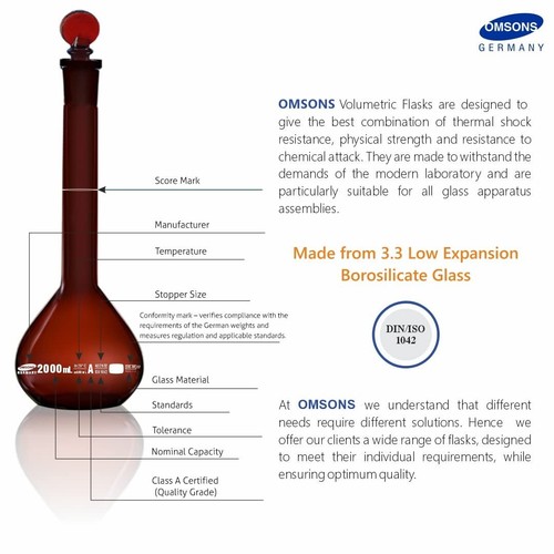 Omsons Glassware | Volumetric Flask | Class A | Capacity 2000ml | Pack of 1 | - Picture 3 of 5