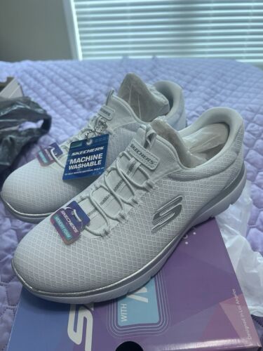 Sketchers white and silver slip on tennis shoes