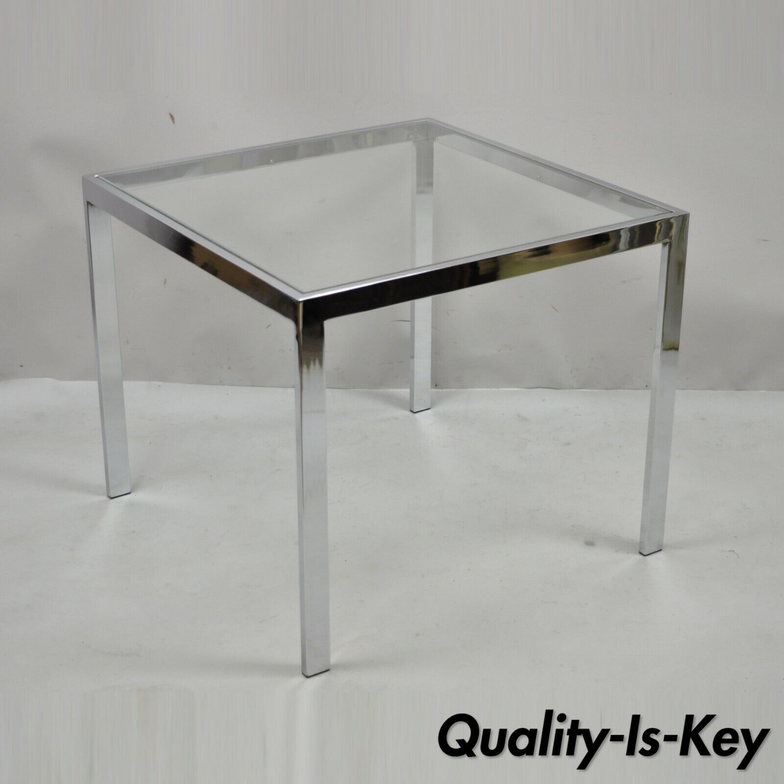 Mid Century Modern Polished Chrome Glass Top Square Occasional Side End  Table
