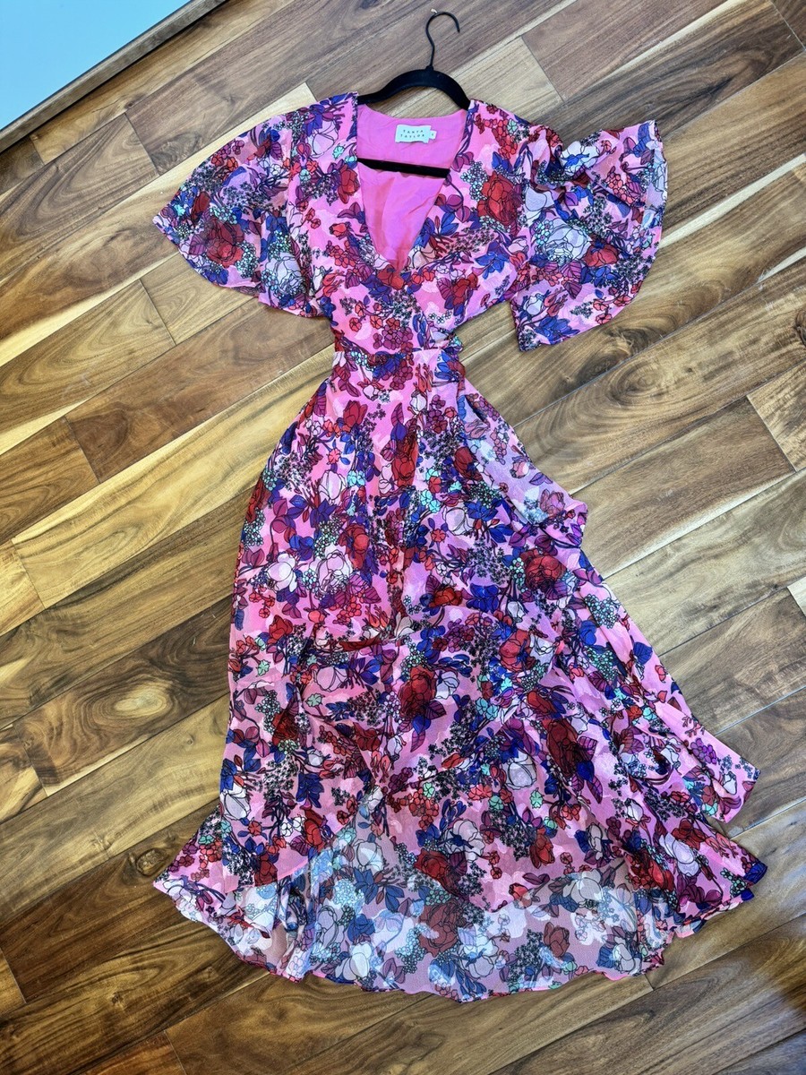 tanya taylor pink floral dress Tanya Taylor Short Sleeve V Neck Floral Silk Ruffle Wrap Dress Pink Red  Size 4