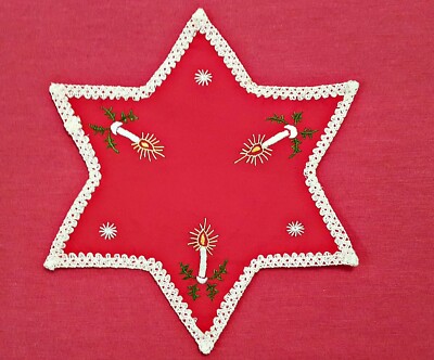 VINTAGE CHRISTMAS DECORATION CANDLES EMBROIDERY RED STAR COASTER PLACEMATE DOILY