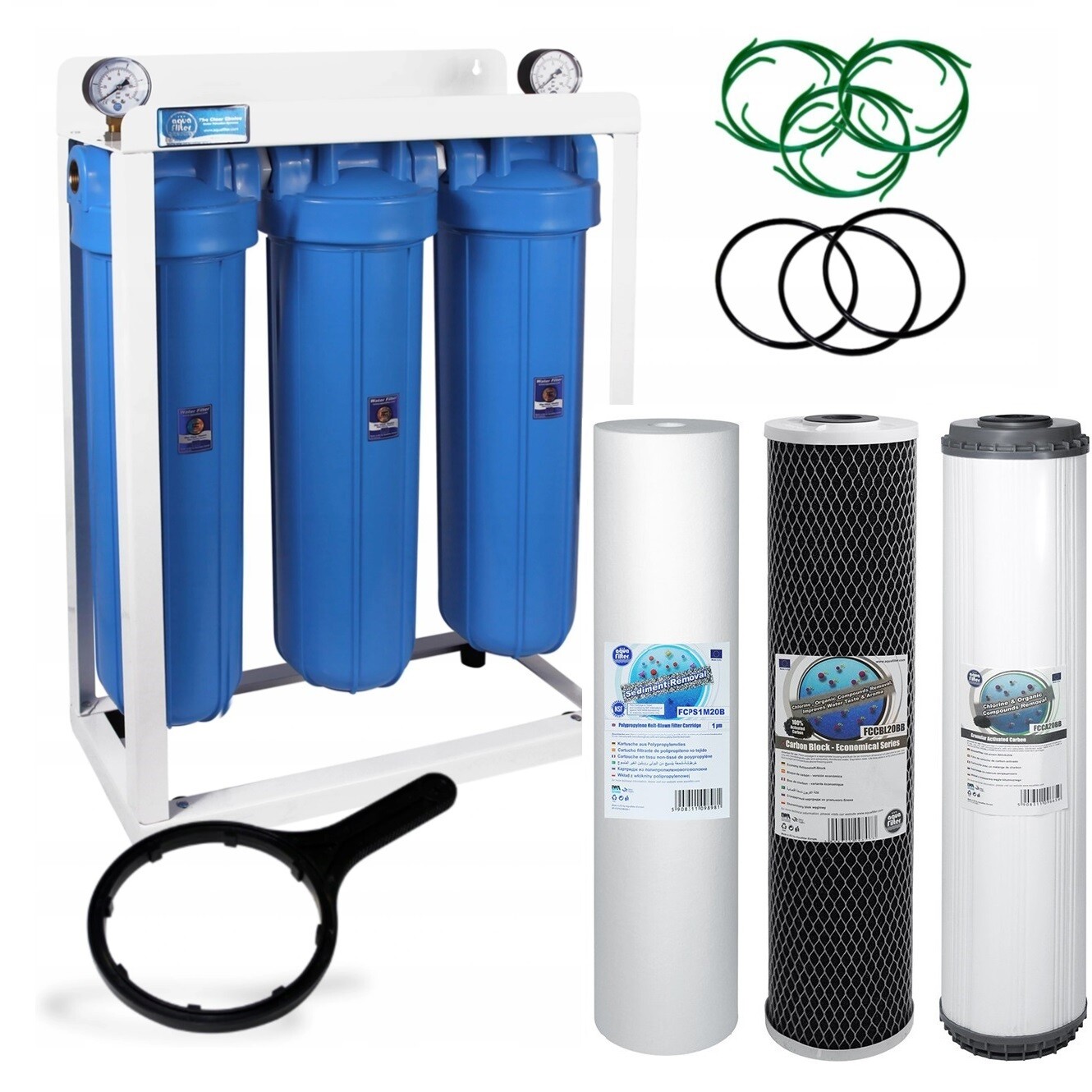 3 Stage Big Blue 20"" Water Purifier and Dechlorinator Filter Kit 1"" BSP