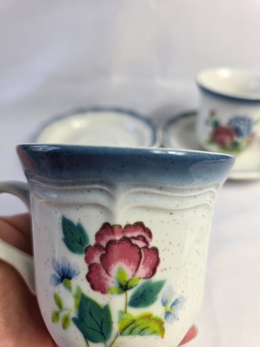 TWO Mikasa Country Club Debonair Cup & Saucer Sets Blue Edge Blue & Pink Flowers - Picture 4 of 12