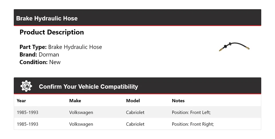For 1985-1993 Volkswagen Cabriolet Dorman Brake Hydraulic Hose 1986 1987 1988 - Image 2 of 4