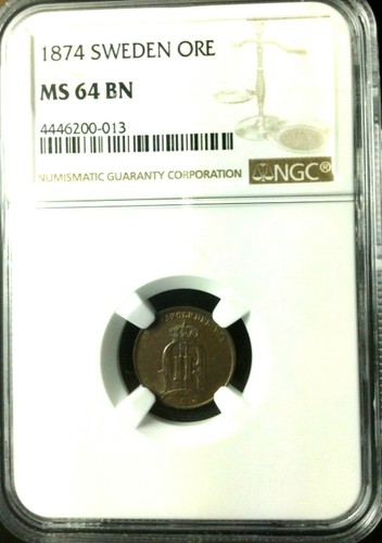 1874 Sweden 1 Ore, NGC MS 64, Single Finest Certified Example - Picture 2 of 2