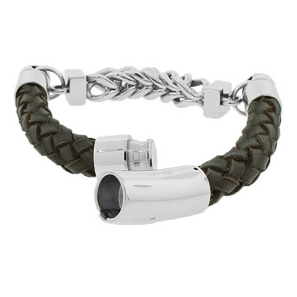 Stainless Steel Brown Leather Silver Tone Link Chain Mens Bracelet with Clasp - Image 2 of 3