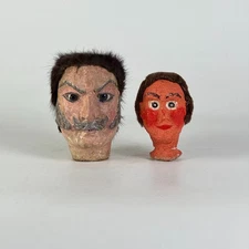 Mr & Mrs Red, Pair of Antique Doll/Puppet Heads In Wood/Paper-Mache, Folk Art