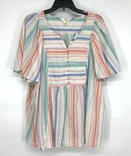 Terra & Sky Top Womens Plus 2X (20/22W) Stripe Button Down Short Sleeve Cotton